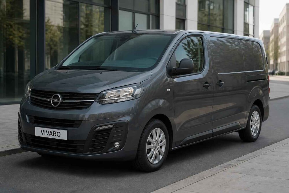 Ciemnoszary Opel Vivaro przy szklanym budynku Ciemnoszary Opel Vivaro zaparkowany przed nowoczesnym budynkiem z przeszkloną fasadą