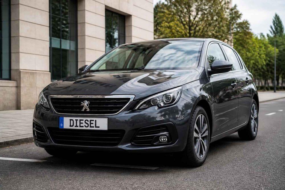 Czarny Peugeot 308 z tablicą DIESEL zaparkowany przed nowoczesnym budynkiem