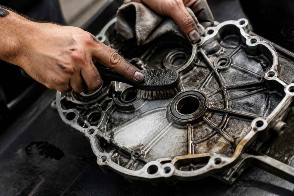Mechanik usuwa zabrudzenia ze zdjętej obudowy skrzyni biegów za pomocą szczotki.