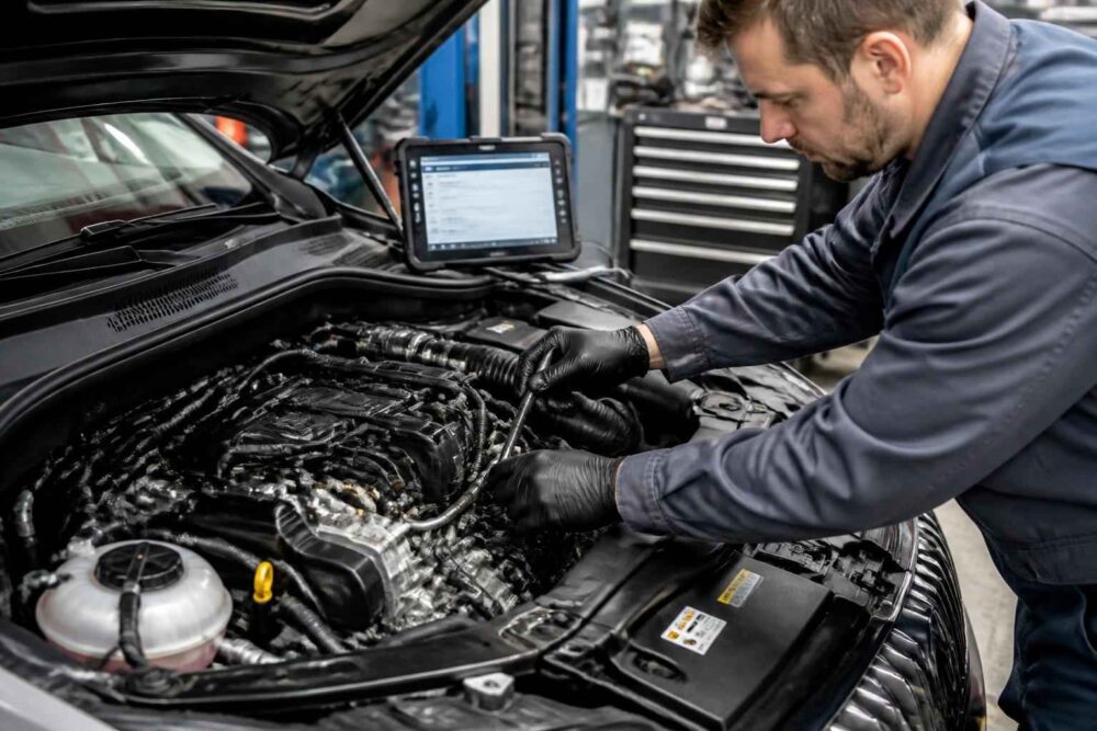 Mechanik podłącza komputer diagnostyczny i pracuje przy silniku samochodu z otwartą maską