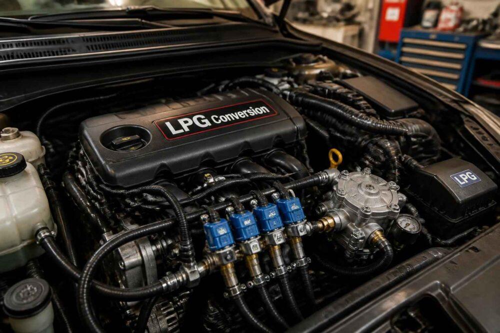 Komora silnika z zamontowaną instalacją LPG i listwą wtryskiwaczy gazowych