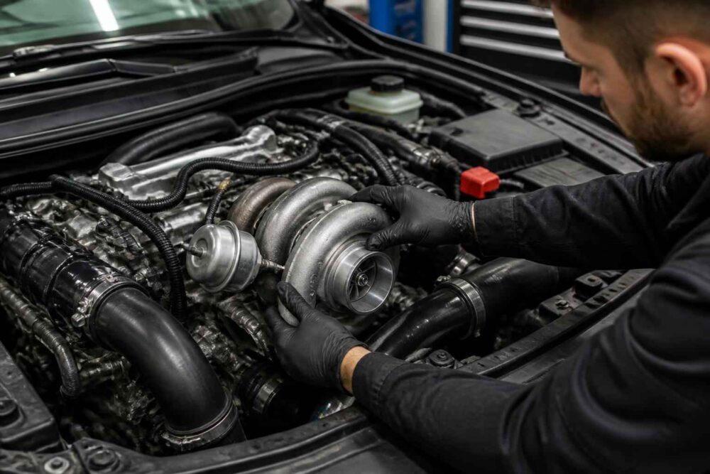 Montaż turbosprężarki w silniku samochodu Mechanik w rękawicach montuje turbosprężarkę w komorze silnika samochodu