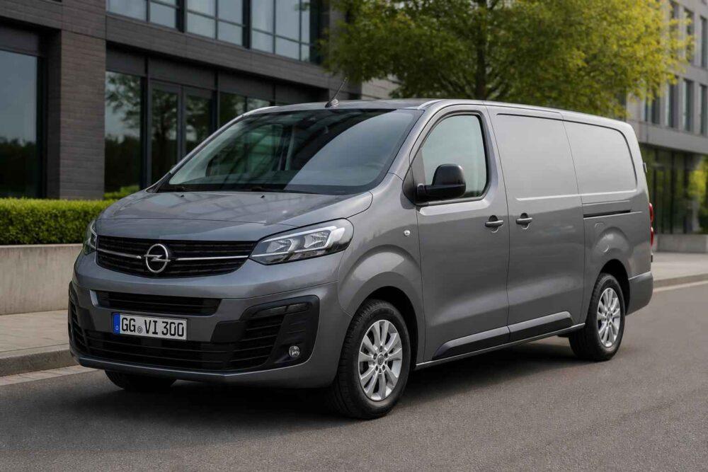 Szary Opel Vivaro zaparkowany przy nowoczesnym biurowcu