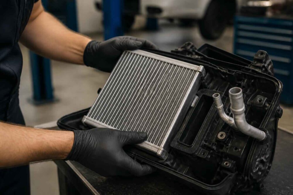 Wymiana chłodnicy nagrzewnicy samochodowej Mechanik w rękawicach wyjmuje metalową chłodnicę nagrzewnicy z obudowy układu klimatyzacji samochodu