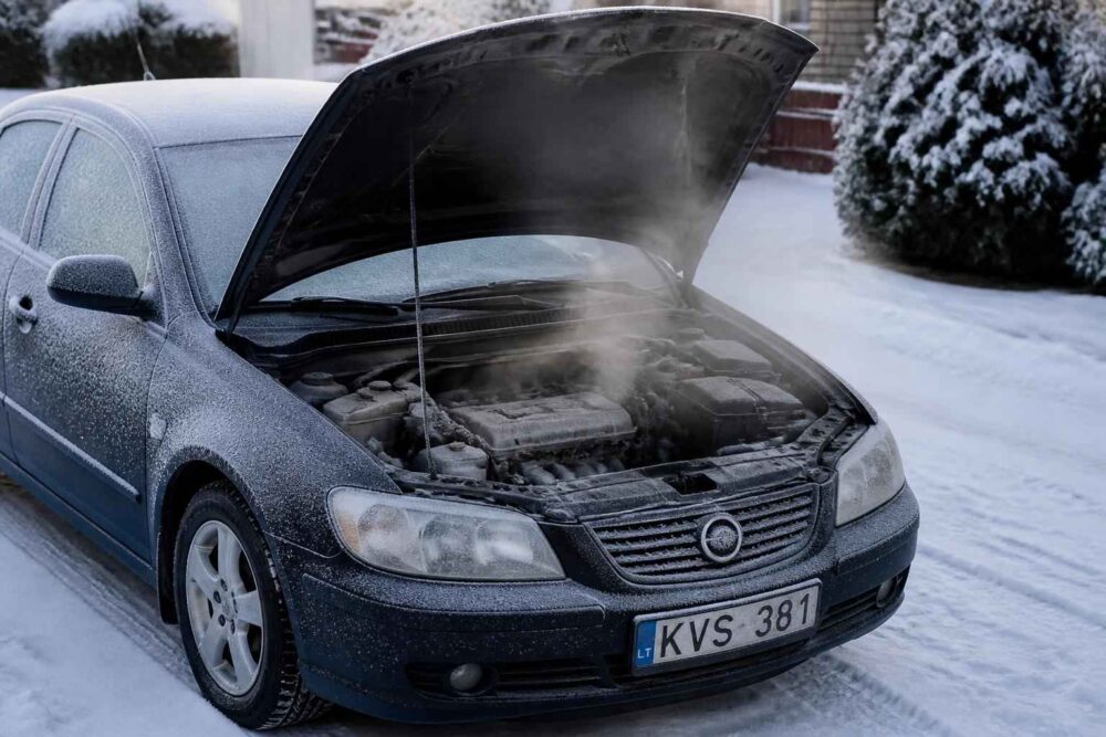 Zamarznięty Opel z parą spod maski Ośnieżony Opel z otwartą maską i parą unoszącą się nad silnikiem na zimowym podjeździe